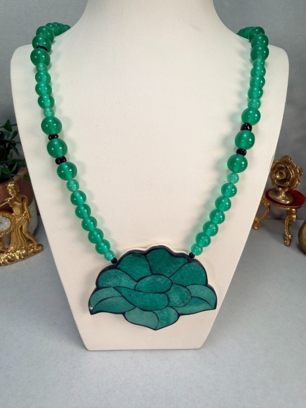Vintage Karla Jordan Green Beaded Necklace Large Floral Pendant Statement Piece